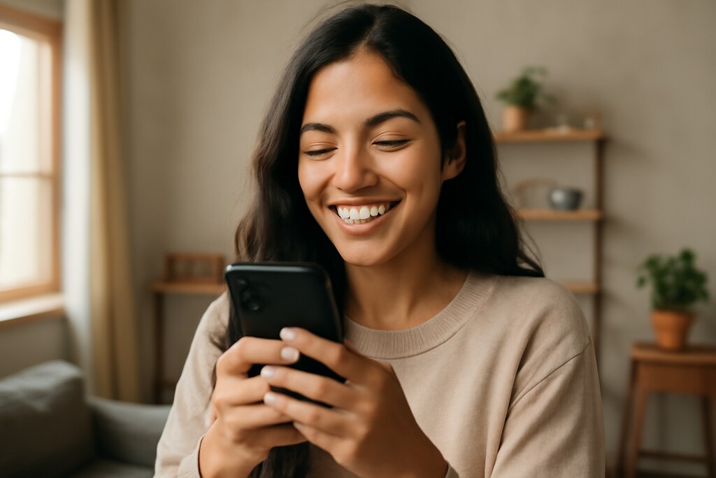 Uma mulher paraense jovem, com cabelo ondulado e sorridente, segura um celular Android e olha para a tela com um sorriso de satisfação. Ela está em um ambiente iluminado naturalmente, com móveis simples ao fundo, e a imagem reflete o uso do celular para mudar a conexão de Wi-Fi de 5 GHz para 2.4 GHz no celular.