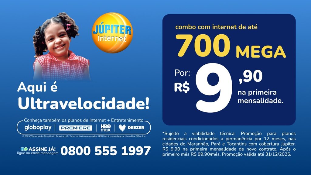 Banner publicit&aacute;rio azul da J&uacute;piter Internet detalhando planos de internet combinados com entretenimento.