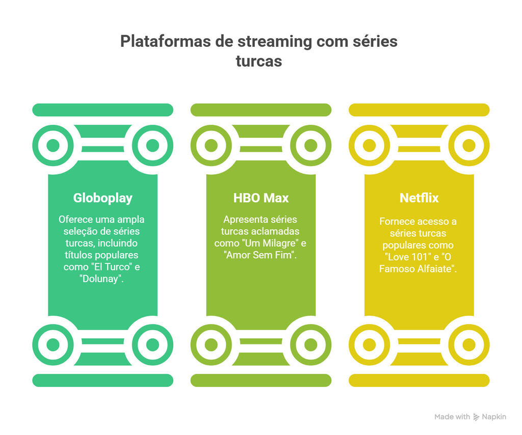 Infográfico com plataformas de streaming que exibem séries turcas, destacando Globoplay, HBO Max e Netflix, com descrição dos catálogos e séries populares.