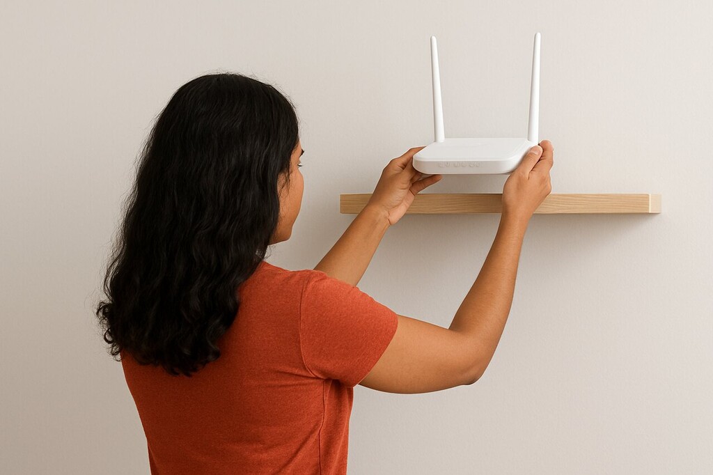 mulher reposicionando roteador para resolver Wi-Fi lento