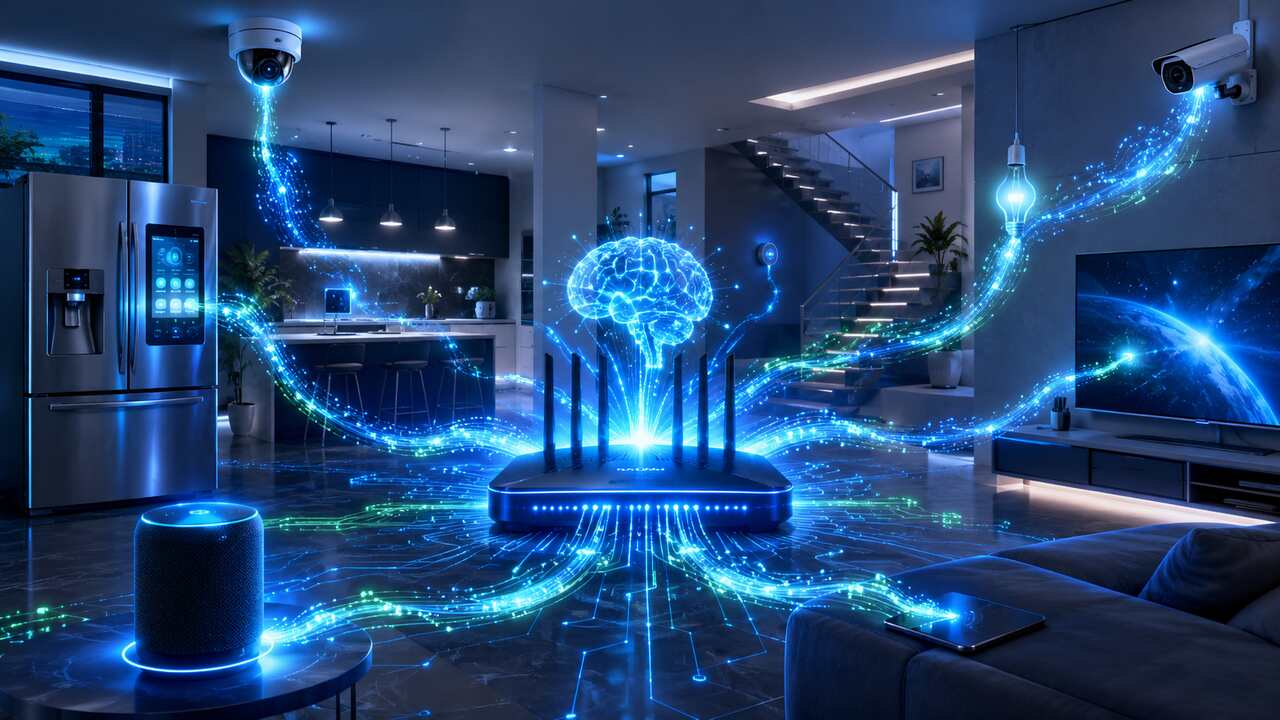 Interior futurista mostra dispositivos inteligentes conectados por Wi-Fi, intelig&ecirc;ncia artificial central controla tudo, destacando que 100 mega &eacute; r&aacute;pido.
