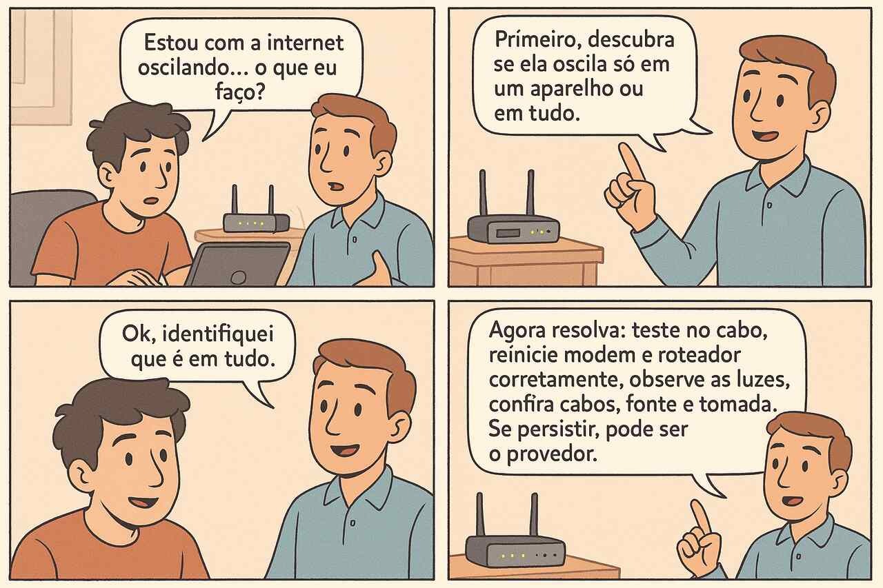 Quadrinhos mostram diálogo sobre como resolver problema de internet oscilando: identificar se afeta todos os dispositivos e seguir passos de diagnóstico com cabo e modem.
