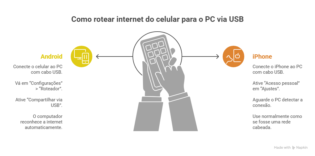 Ilustra&ccedil;&atilde;o mostra como rotear dados m&oacute;veis do celular para PC via USB, com instru&ccedil;&otilde;es destacando passos em Android e iPhone, conectando dispositivos facilmente.
