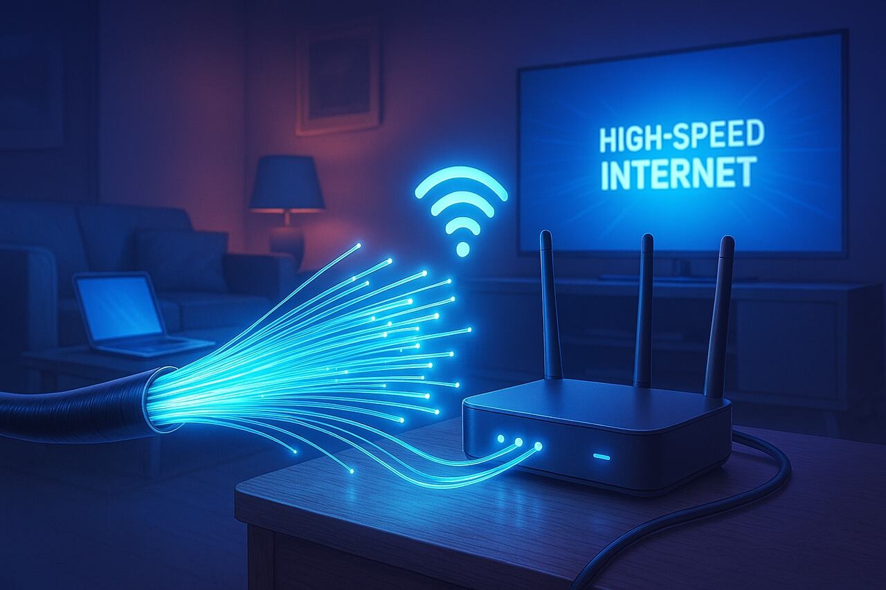 Ilustra&ccedil;&atilde;o de rede dom&eacute;stica moderna com cabo brilhante mostrando o que &eacute; fibra &oacute;ptica: conex&atilde;o r&aacute;pida via roteador Wi-Fi, laptop e TV com internet veloz.