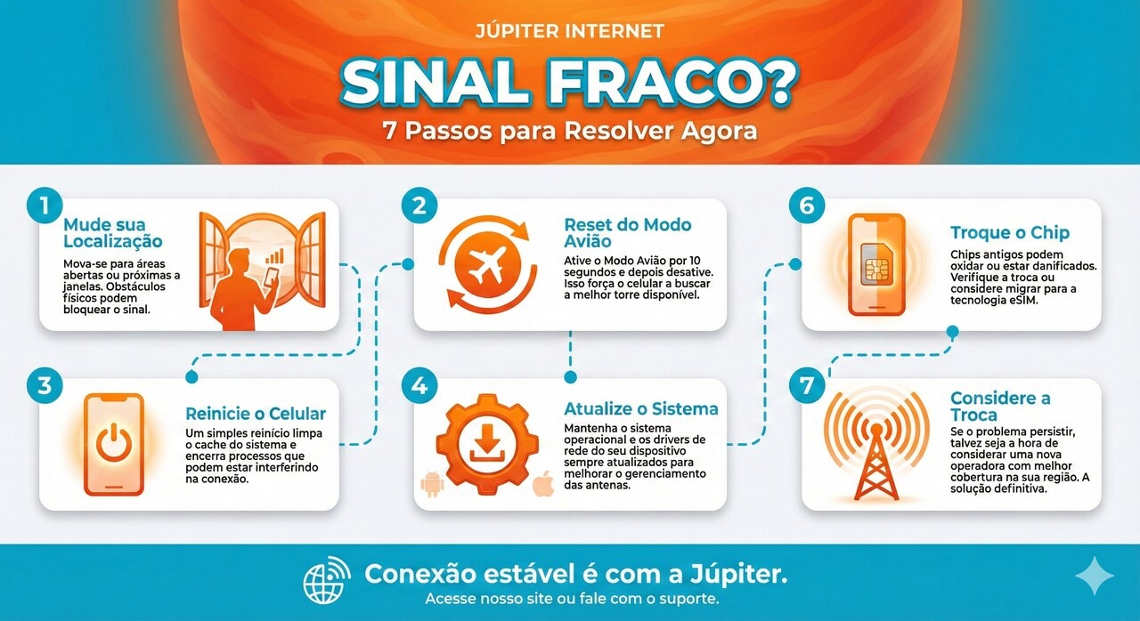 Infogr&aacute;fico com fundo azul e laranja intitulado "Checklist: O que fazer quando o sinal da internet m&oacute;vel estiver ruim?". Apresenta cinco passos numerados com &iacute;cones: 1. Mudar de localiza&ccedil;&atilde;o (&iacute;cone de mapa); 2. Ativar e desativar o modo avi&atilde;o (&iacute;cone de avi&atilde;o); 3. Reiniciar o dispositivo (&iacute;cone de seta circular); 4. Atualizar o sistema operativo (&iacute;cone de engrenagem); 5. Verificar o cart&atilde;o SIM ou migrar para eSIM (&iacute;cone de chip). No rodap&eacute;, o log&oacute;tipo da J&uacute;piter Internet.