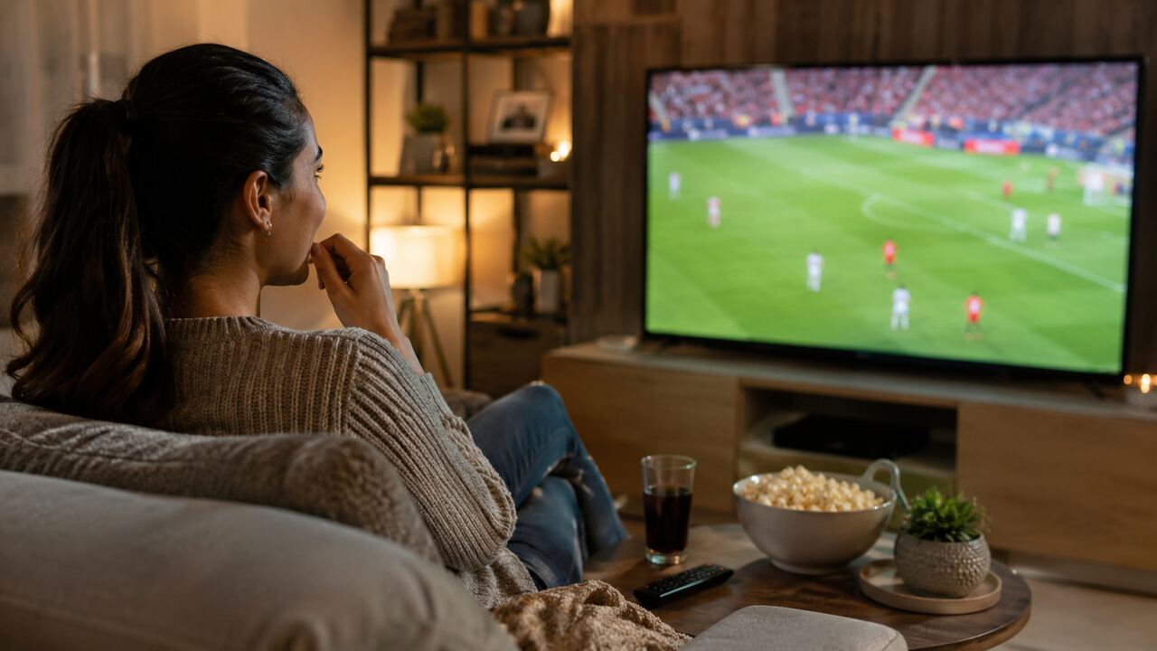 Pessoa assiste futebol na TV com pipoca e bebida, pensando em como tirar o premiere da tela cheia.