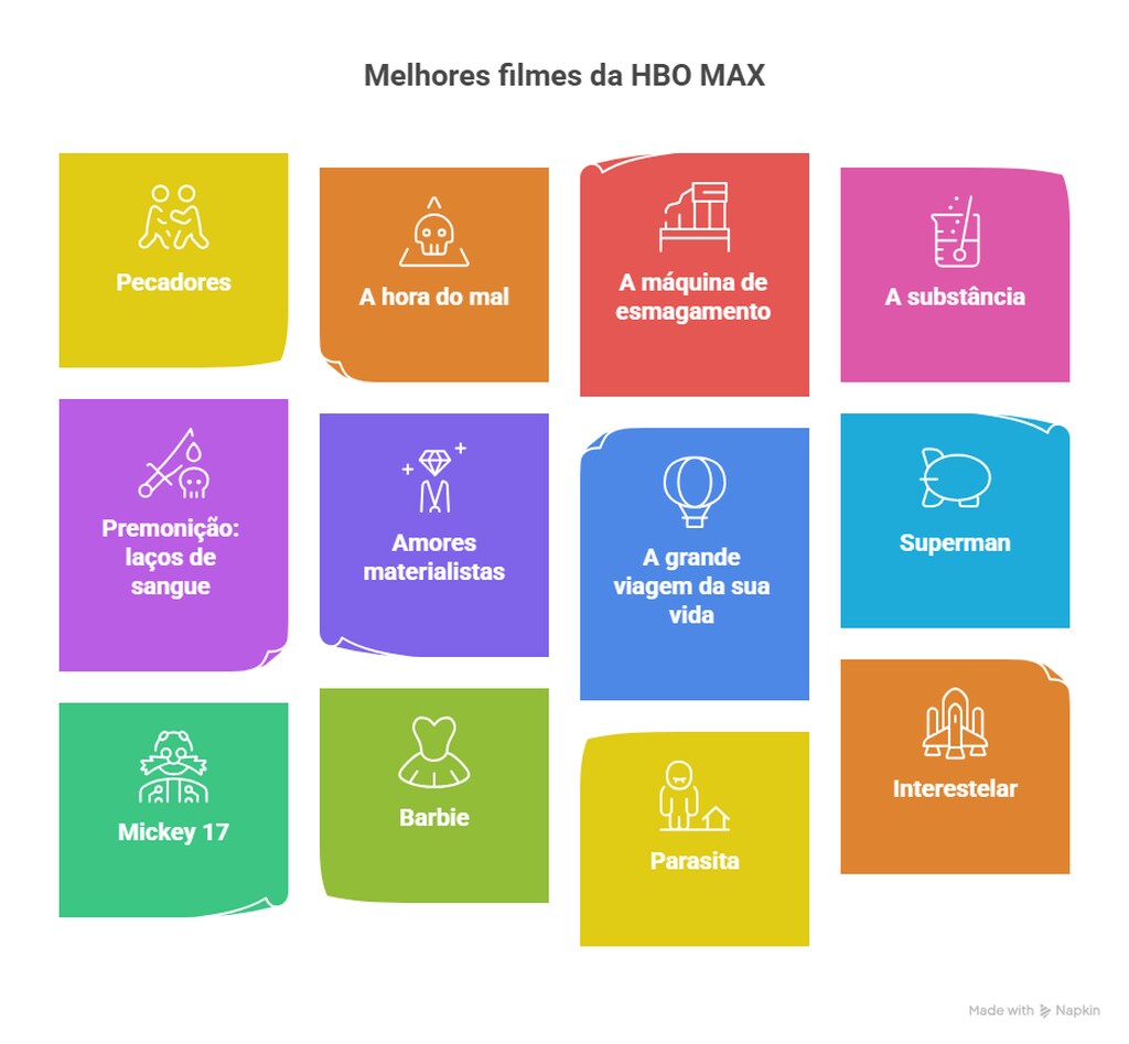 Imagem colorida apresenta melhores filmes da HBO MAX em grade vibrante, destacando títulos variados como Barbie, Parasita, Interestelar, Superman e outros sucessos imperdíveis.