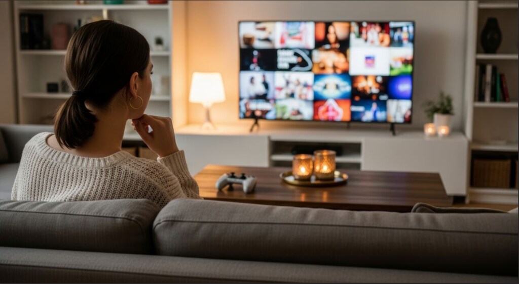 mulher assistindo streaming na tv em casa com conex&atilde;o de internet r&aacute;pida