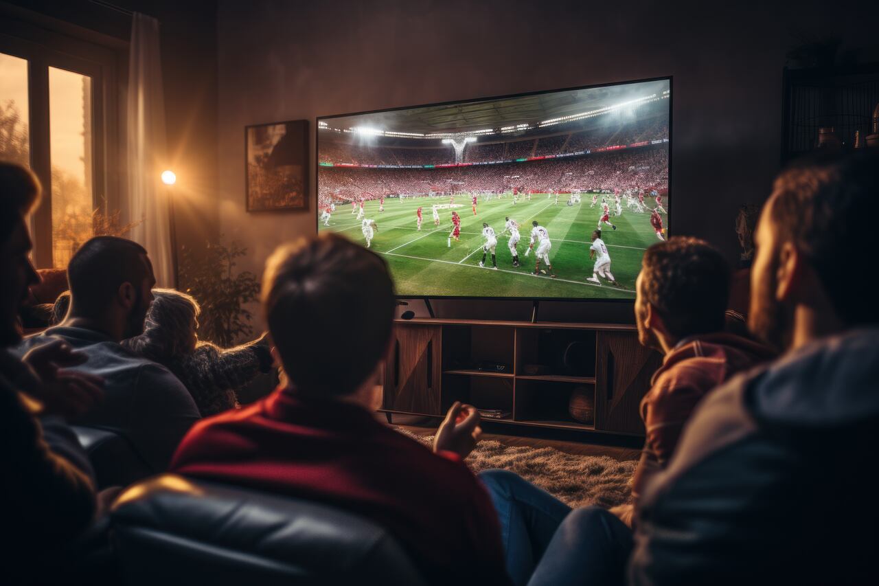 Pessoas assistindo jogo de futebol na TV em casa, imagem em alta defini&ccedil;&atilde;o com qualidade 4K