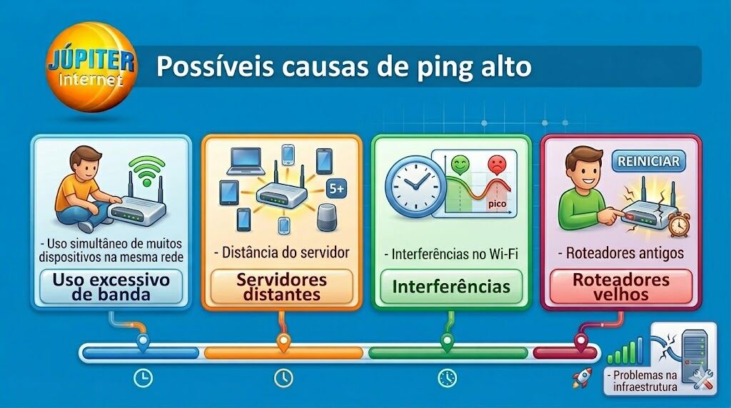 Infogr&aacute;fico mostrando poss&iacute;veis causas de ping alto na internet, como interfer&ecirc;ncia, roteador antigo e excesso de dispositivos conectados