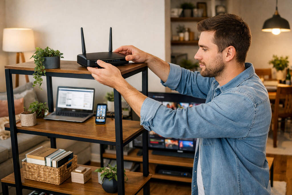 Pessoa posiciona roteador Wi-Fi em local elevado para melhorar a cobertura e a conex&atilde;o sem fio no apartamento.