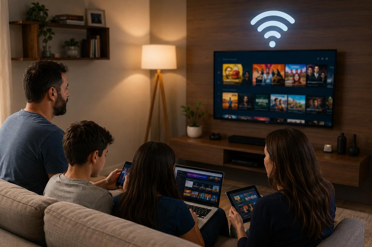 Família conectada em sala moderna, usando dispositivos e TV streaming com foco em internet compartilhada.