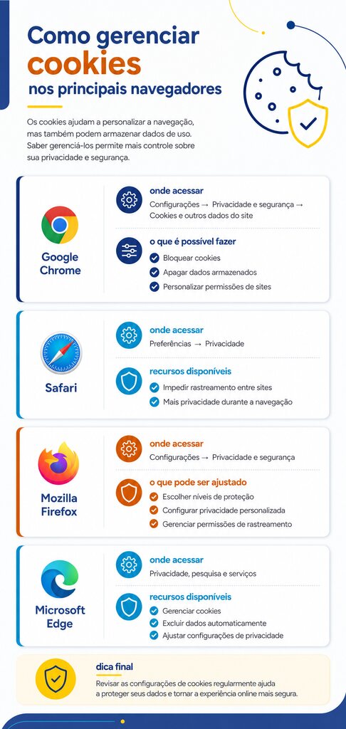 Infográfico mostrando como gerenciar e entender o que são cookies nos navegadores Chrome, Safari, Firefox e Edge, destacando privacidade.