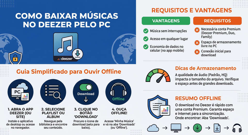 Infográfico com o passo a passo de como baixar músicas no Deezer pelo PC, incluindo requisitos da conta Premium, vantagens do modo offline e dicas de armazenamento.