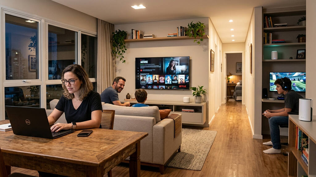 Fam&iacute;lia utiliza internet para apartamento com trabalho, streaming e jogos em ambientes conectados e est&aacute;veis.