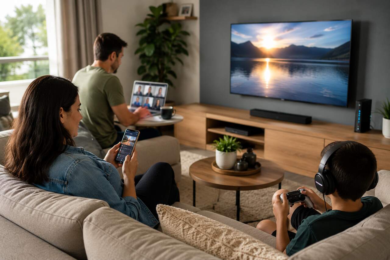 Fam&iacute;lia utilizando v&aacute;rios dispositivos conectados &agrave; internet fibra &oacute;ptica em casa.