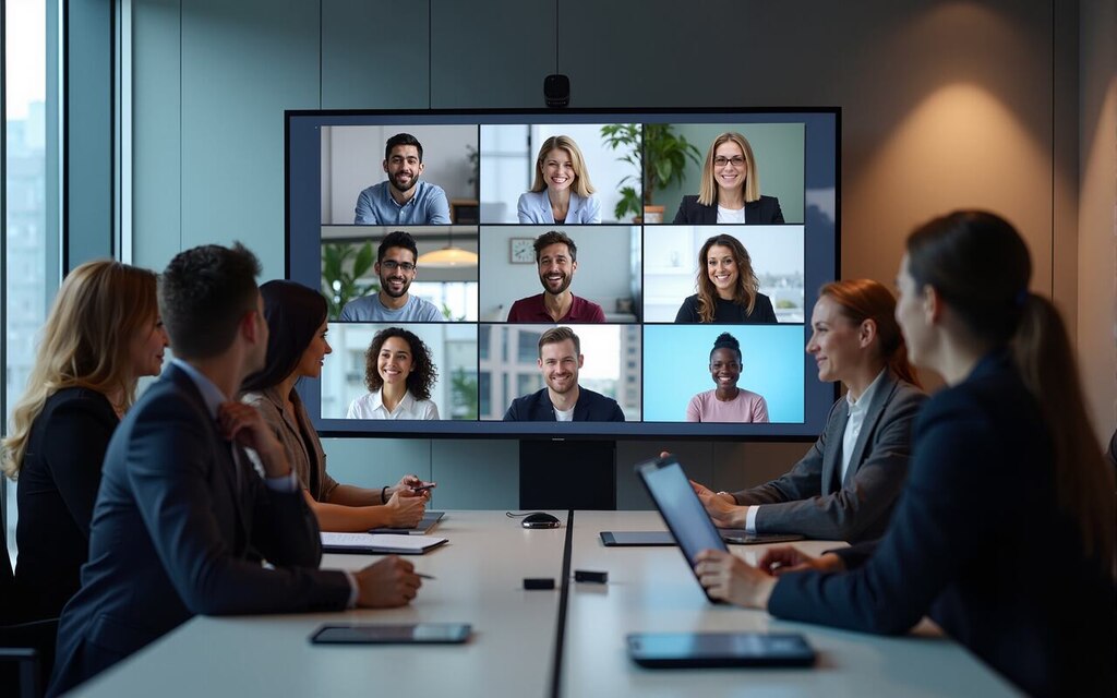 equipe corporativa em reunião por videoconferência com participantes em tela grande em sala moderna