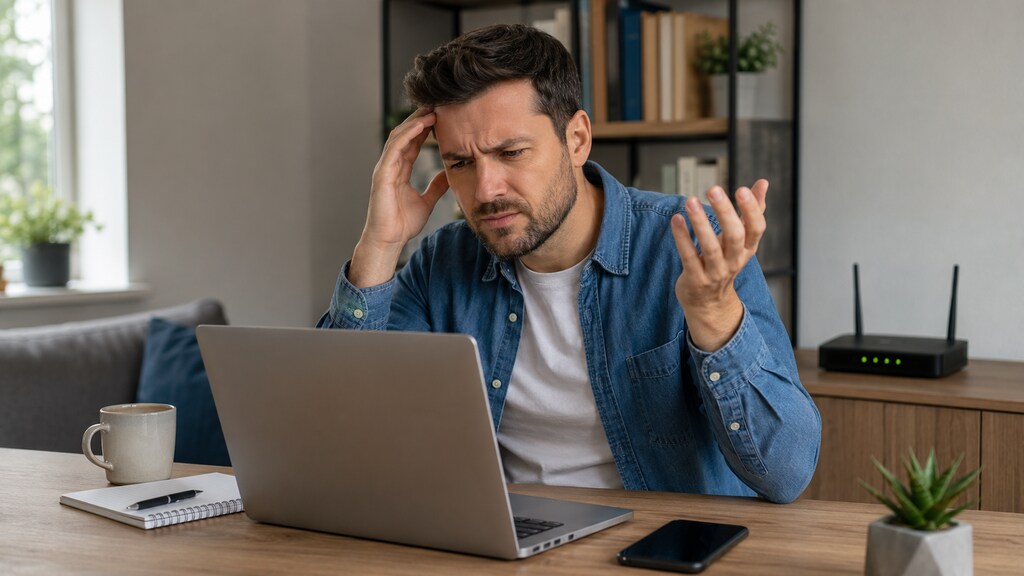 Homem tenta identificar falhas na conex&atilde;o de rede enquanto utiliza notebook com roteador Wi-Fi ao fundo.