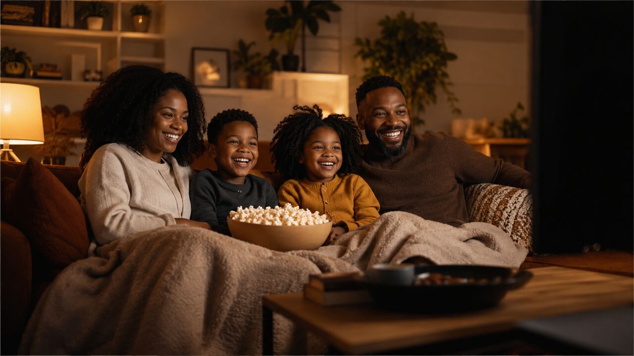 Fam&iacute;lia no sof&aacute; com pipoca e cobertores, assistindo juntos filme, mostrando divers&atilde;o em casa com streaming globoplay ou telecine.
