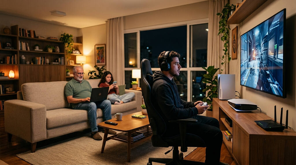 Pessoa joga online na sala enquanto família usa dispositivos, destacando internet fibra óptica residencial.
