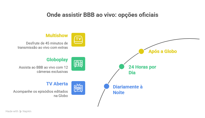 Infográfico colorido mostra opções oficiais de onde assistir BBB ao vivo: Multishow, Globoplay e TV aberta, destacando horários, câmeras exclusivas e transmissão diária para fãs.