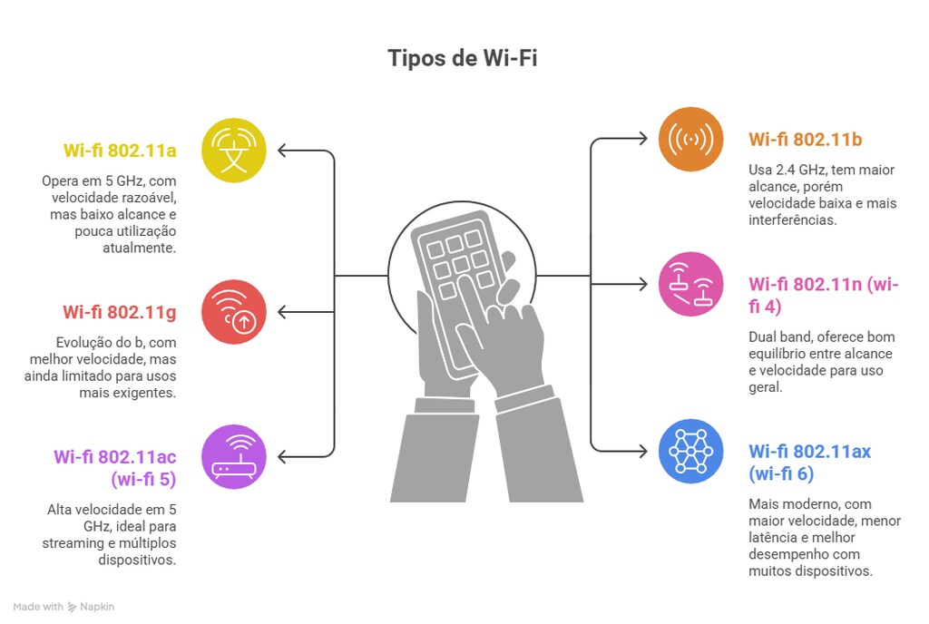 Infogr&aacute;fico mostra evolu&ccedil;&atilde;o dos tipos de Wi-Fi, destacando padr&otilde;es 802.11, frequ&ecirc;ncias, velocidades e aplica&ccedil;&otilde;es em dispositivos m&oacute;veis.