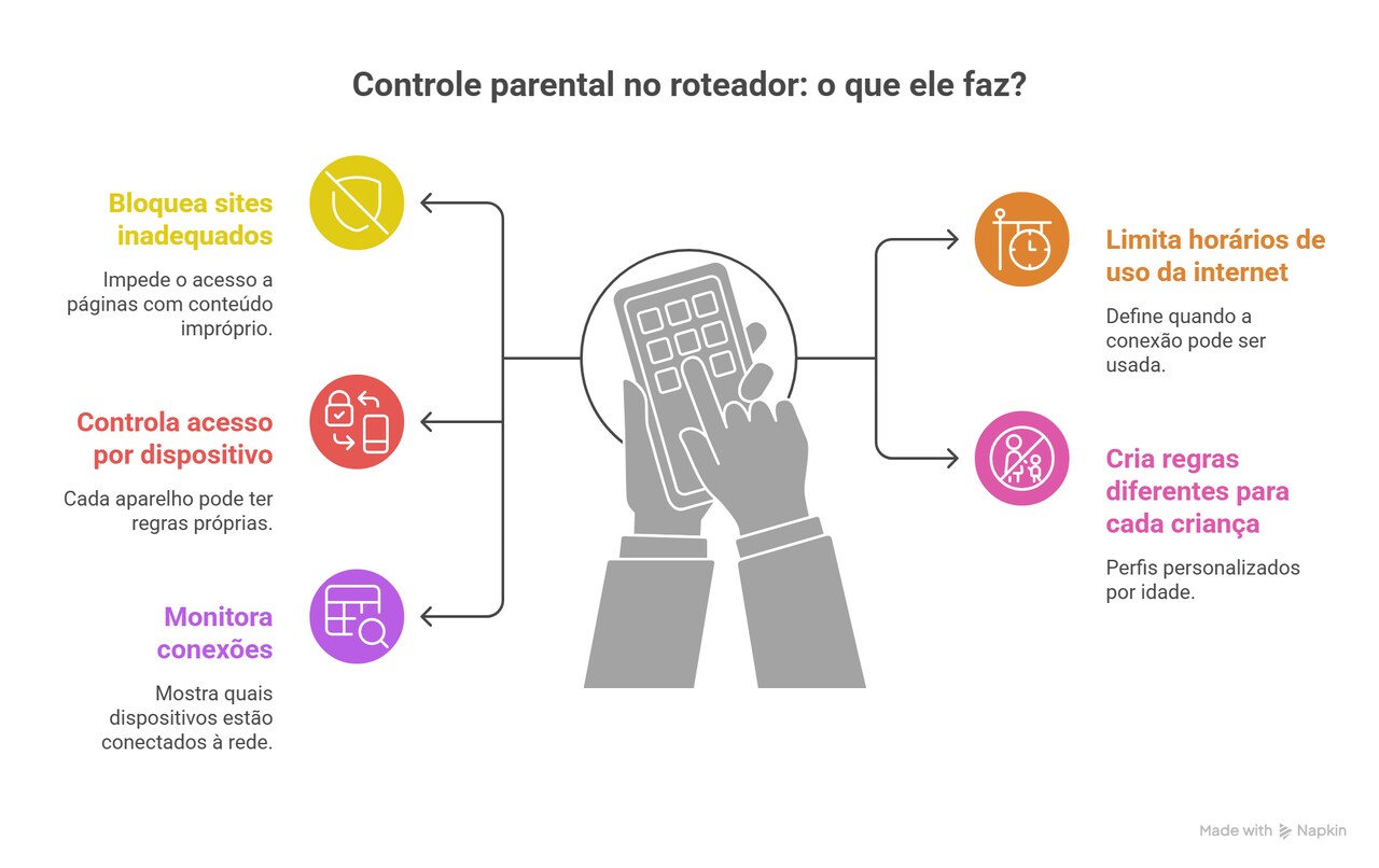  Infogr&aacute;fico mostra controle parental no roteador com fun&ccedil;&otilde;es de bloqueio, monitoramento, hor&aacute;rios, perfis infantis e regras personalizadas.