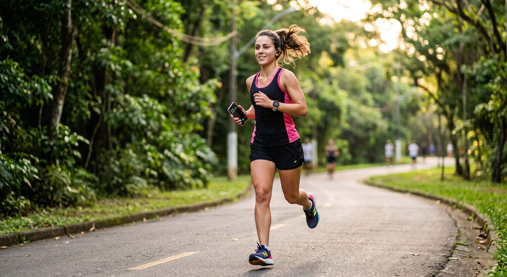 Mulher correndo em um parque enquanto ouve música no celular com fones de ouvido, ilustrando as vantagens de escutar música offline no Deezer durante exercícios físicos.