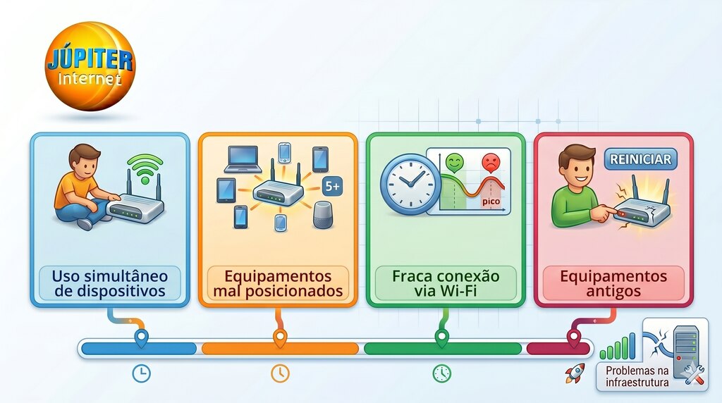 principais causas de internet lenta como muitos dispositivos e sinal fraco de wifi