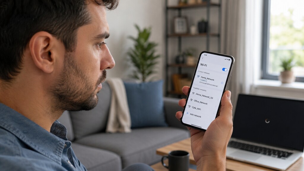 Homem verifica celular conectado sem internet enquanto notebook permanece sem acesso &agrave; rede Wi-Fi em casa.