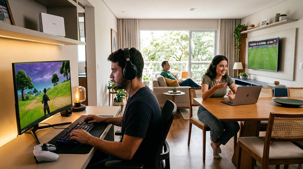 Pessoa jogando online em casa mostra o que é latência internet durante games, chamadas e streaming.