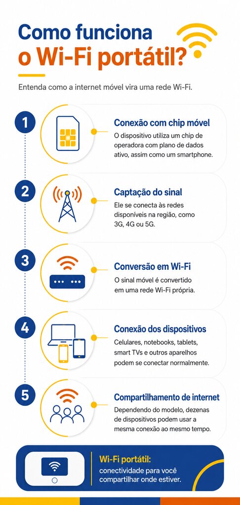 Infogr&aacute;fico Mostra passo a passo do funcionamento do wi-fi port&aacute;til, ilustrando chip, sinal, roteador, dispositivos e compartilhamento simult&acirc;neo.