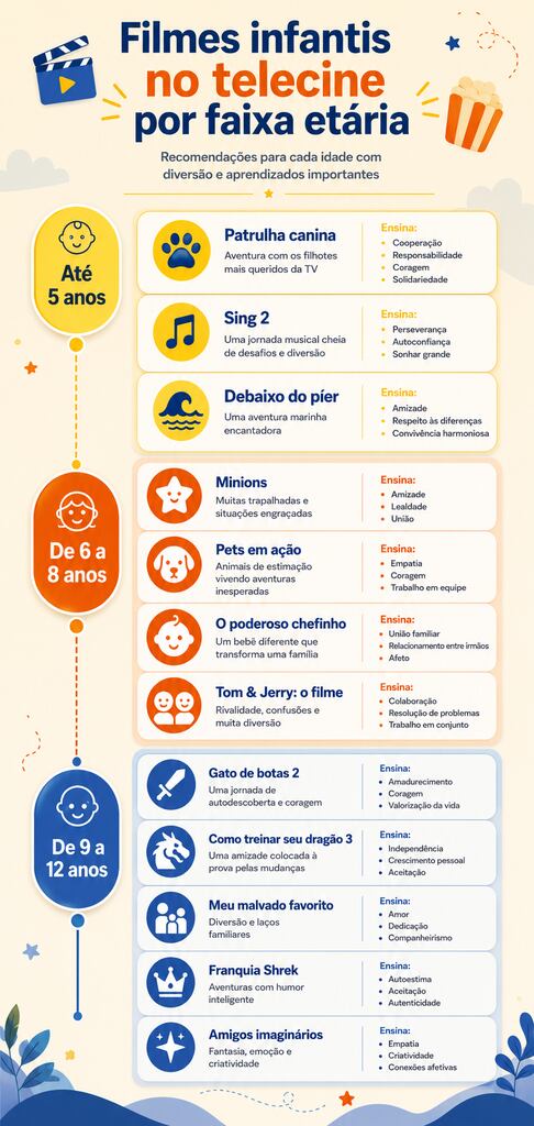 Infográfico apresenta recomendações de filme infantil no telecine por faixa etária, destacando aprendizados.