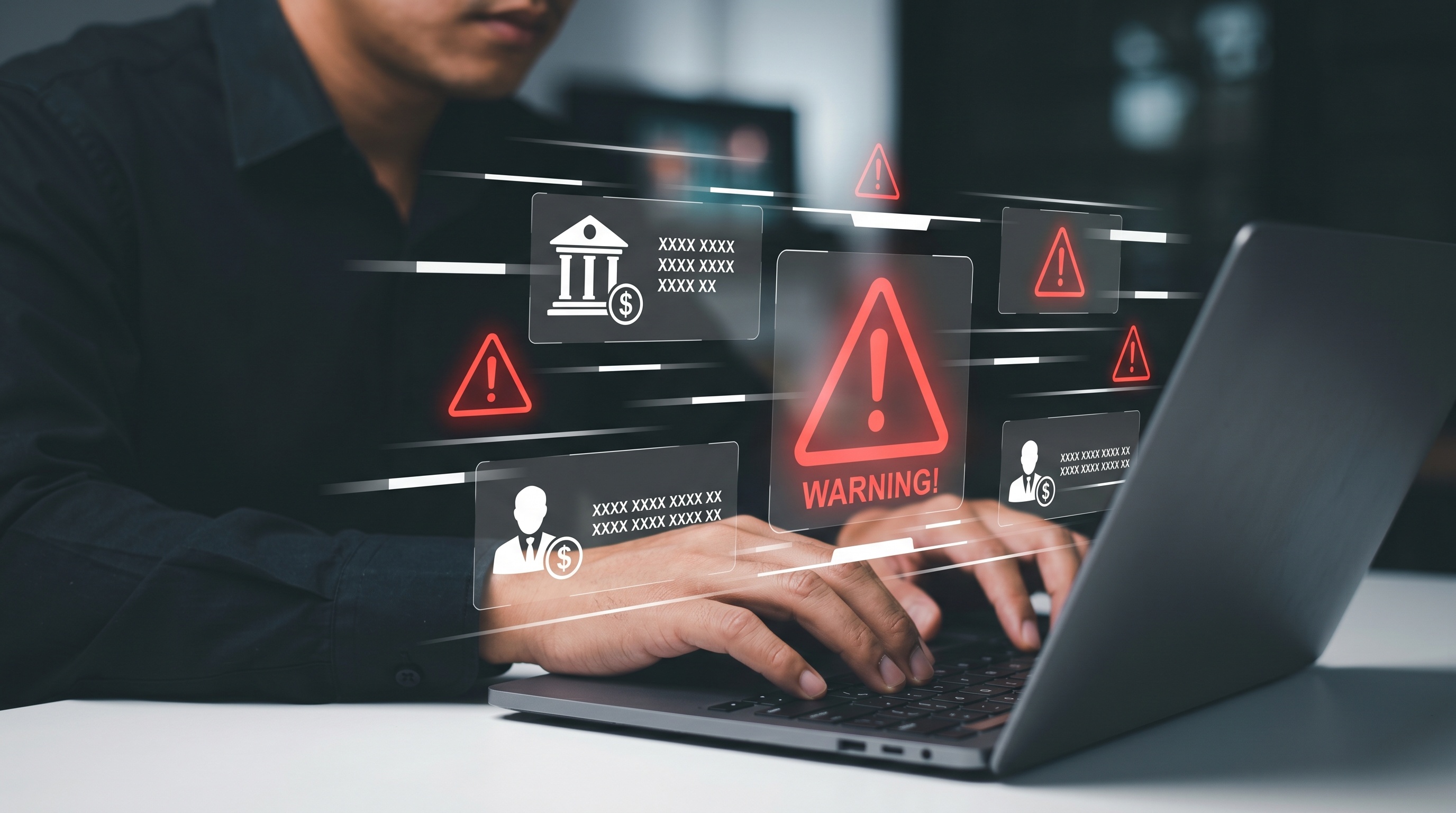 Pessoa utilizando notebook com alertas de seguran&ccedil;a digital para evitar golpes e fraudes online