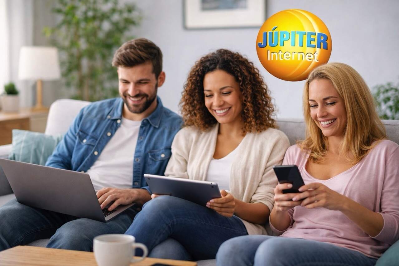 Pessoas felizes conectadas aprendendo como criar uma rede Wi-Fi para visitantes com a Júpiter Internet em ambiente residencial.