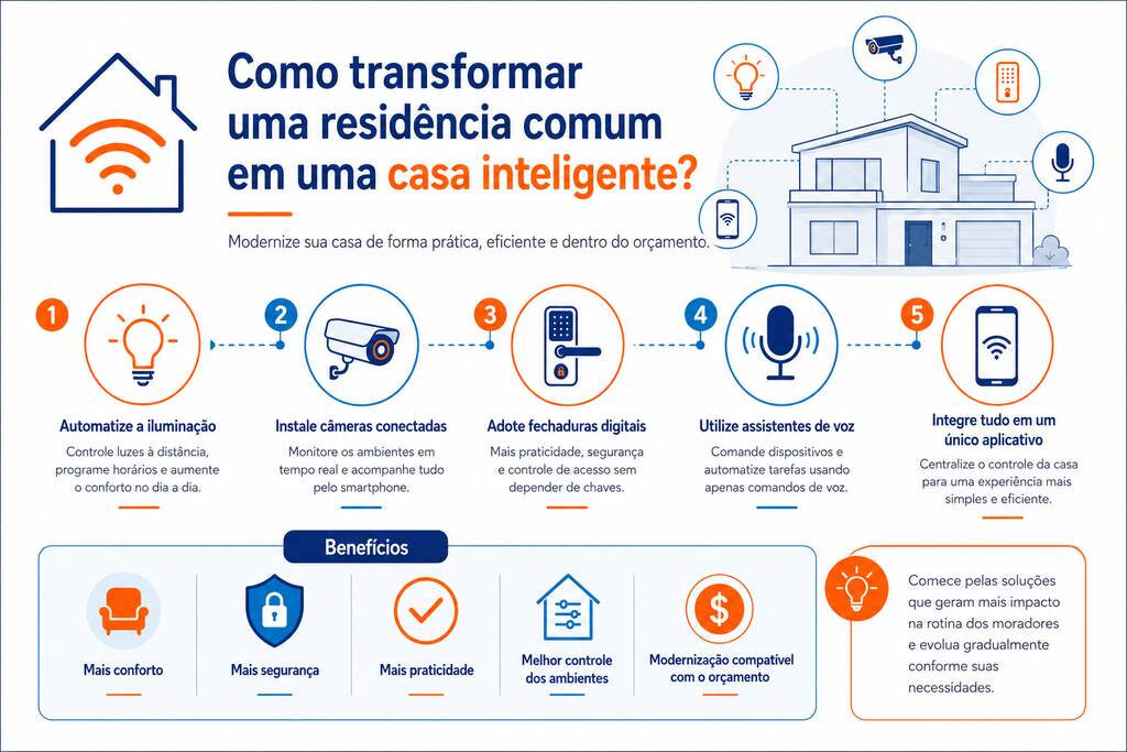 Infogr&aacute;fico em portugu&ecirc;s apresenta cinco etapas pr&aacute;ticas para transformar resid&ecirc;ncia comum em casa inteligente, destacando ilumina&ccedil;&atilde;o, c&acirc;meras, fechaduras, voz e integra&ccedil;&atilde;o.