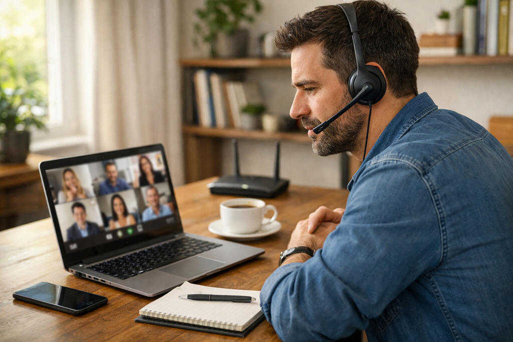 Homem em videoconferência no notebook para decidir planos de internet qual contratar em home office.
