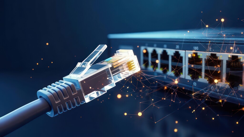 Imagem estilizada de alta tecnologia mostrando um conector de cabo de rede (RJ45) transparente e iluminado aproximando-se de um switch ou roteador. Part&iacute;culas de luz e conex&otilde;es neurais digitais brilham ao redor do cabo, simbolizando alta velocidade e transmiss&atilde;o de dados eficiente para jogos online.