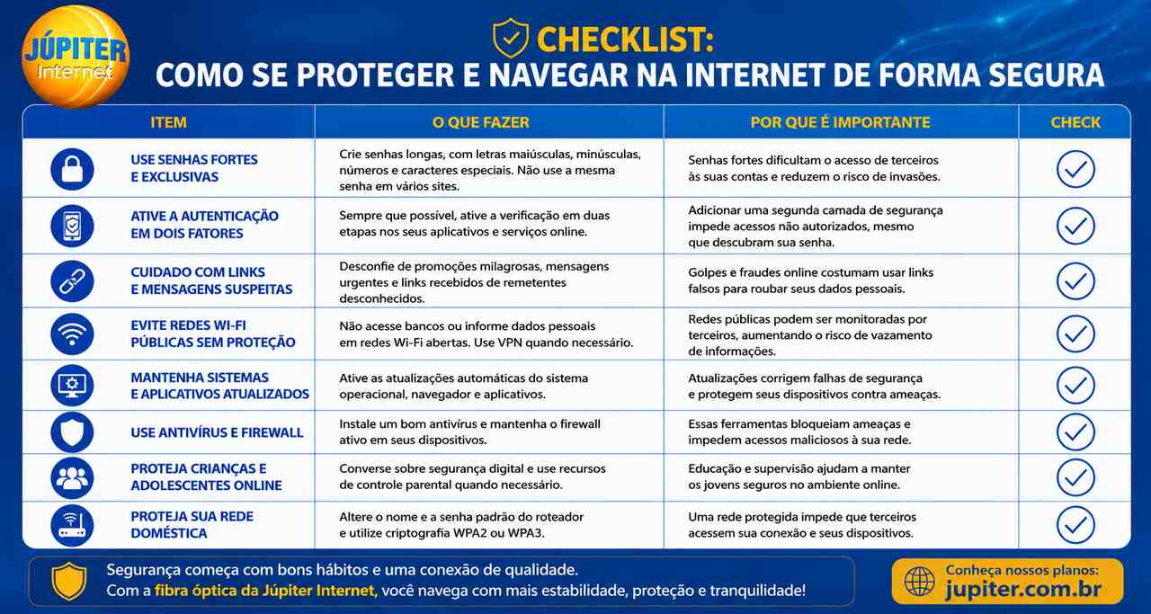 Checklist com dicas de como navegar na internet de forma segura e proteger dados online