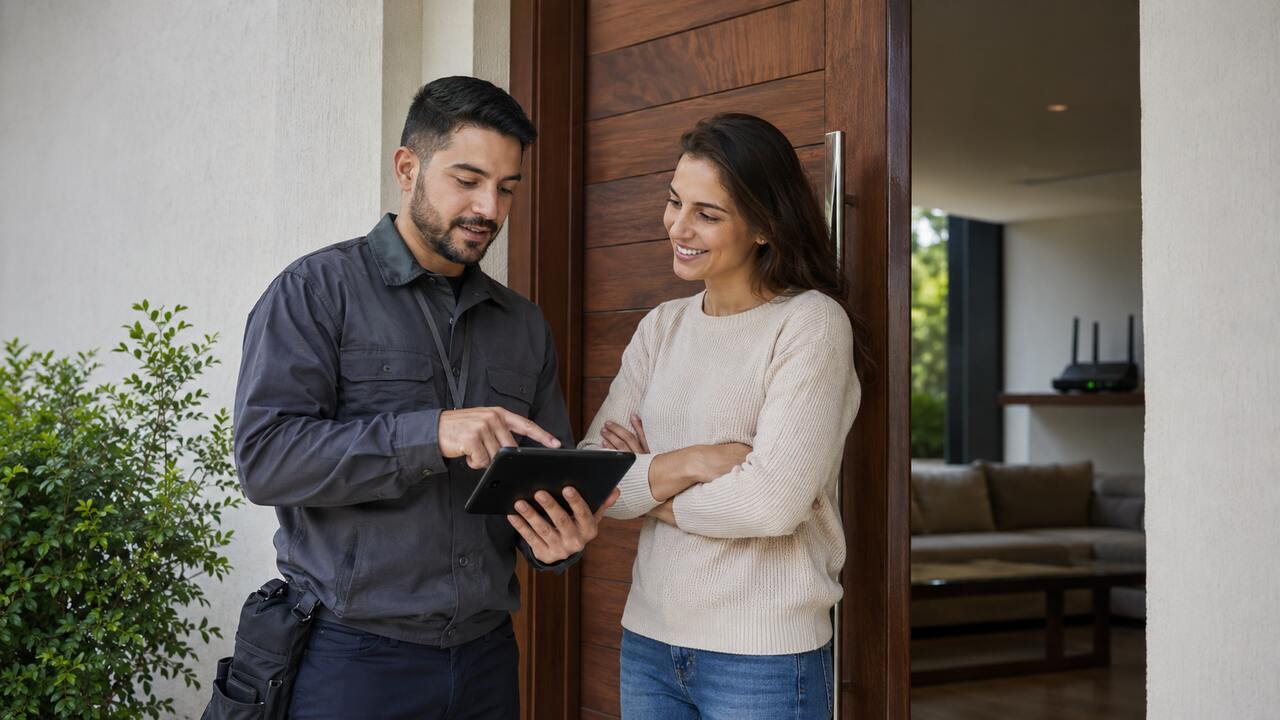 Profissional mostra informações em tablet para morador na entrada da casa, destacando importância dos direitos do consumidor de internet.