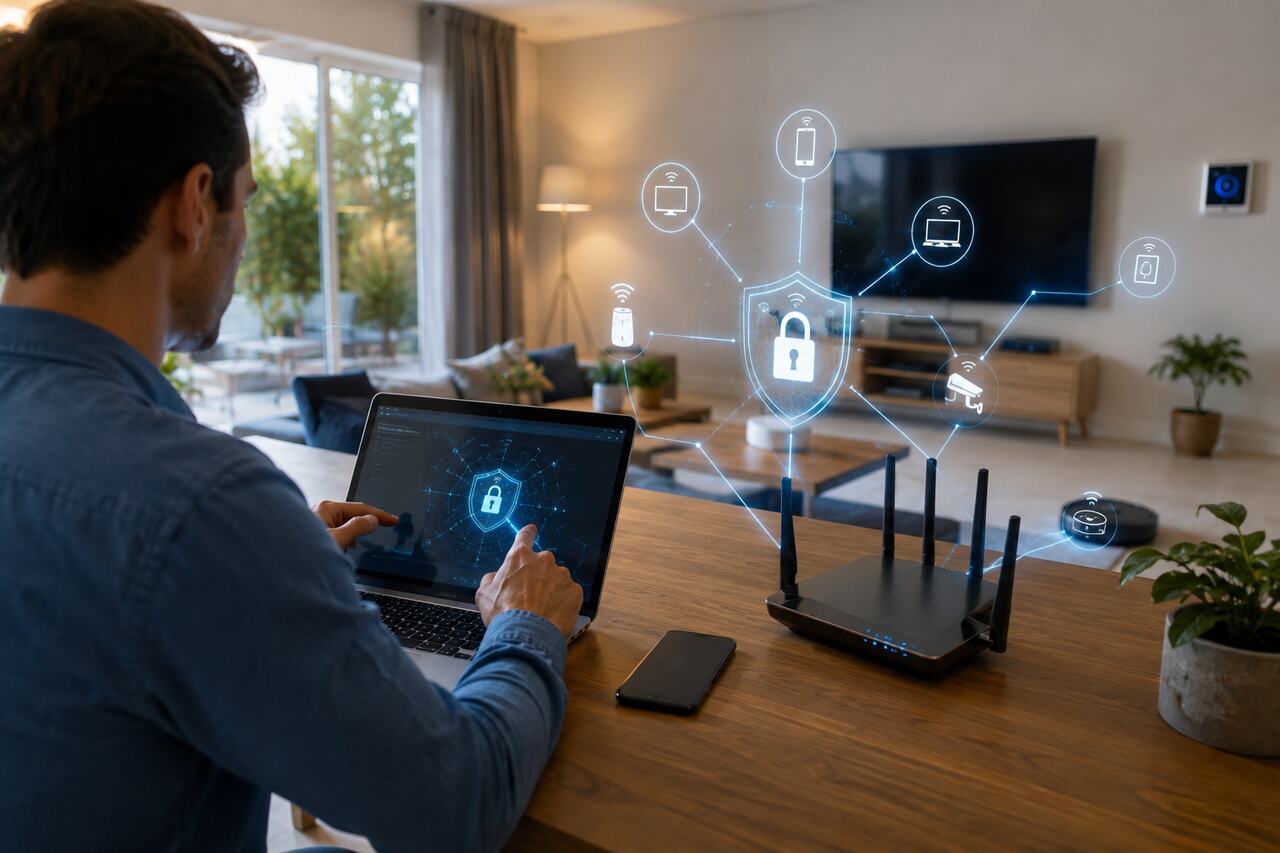 Pessoa no laptop com ícones digitais de segurança ilustrando como proteger minha rede Wi-Fi de invasores conectados.