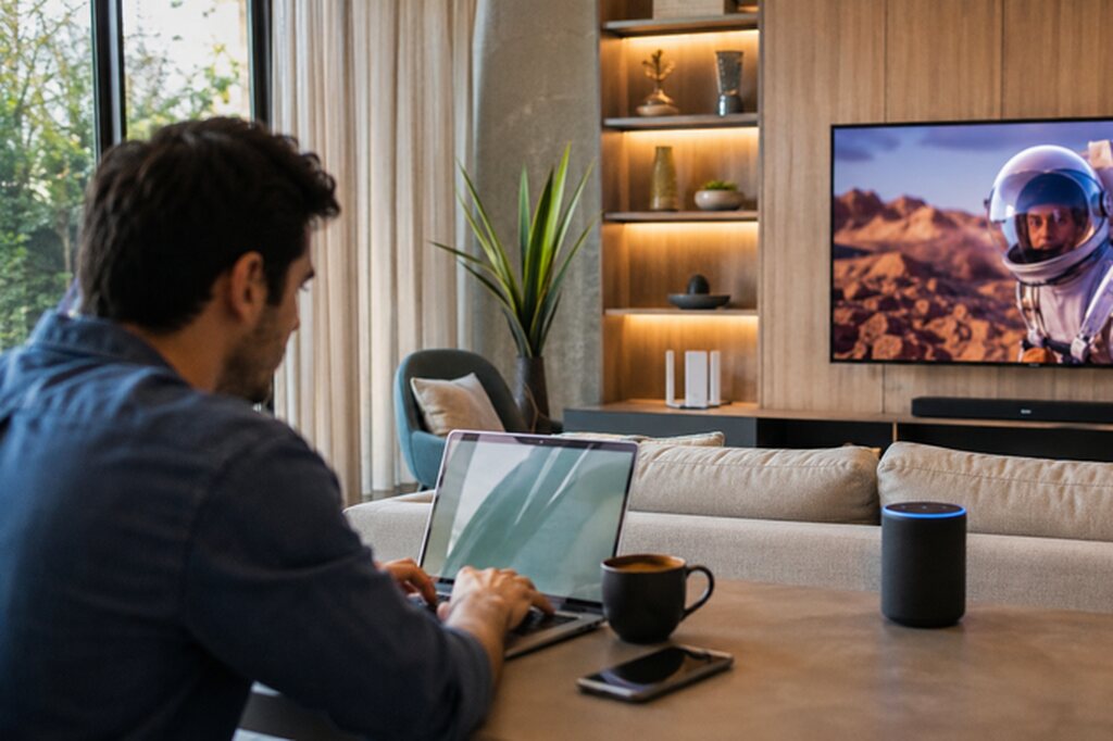 Pessoa usa laptop com smart speaker e TV futurista, mostrando conectividade doméstica e o que é IPv6 aplicado.