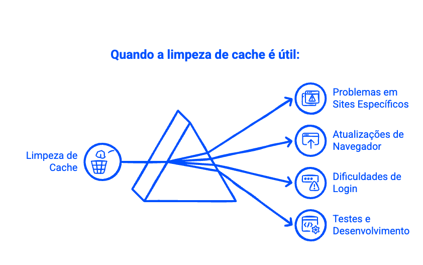 Ilustra&ccedil;&atilde;o sobre quando a limpeza de cache &eacute; &uacute;til: problemas em sites, atualiza&ccedil;&otilde;es de navegador, dificuldades de login e testes/desenvolvimento.