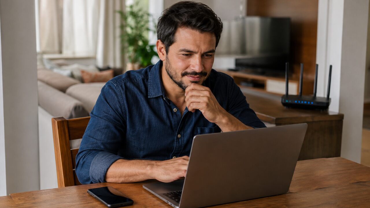 Adulto trabalha remotamente em casa com laptop e Wi-Fi ativo, refletindo rotina digital e taxa de adesão aplicada ao serviço de internet.