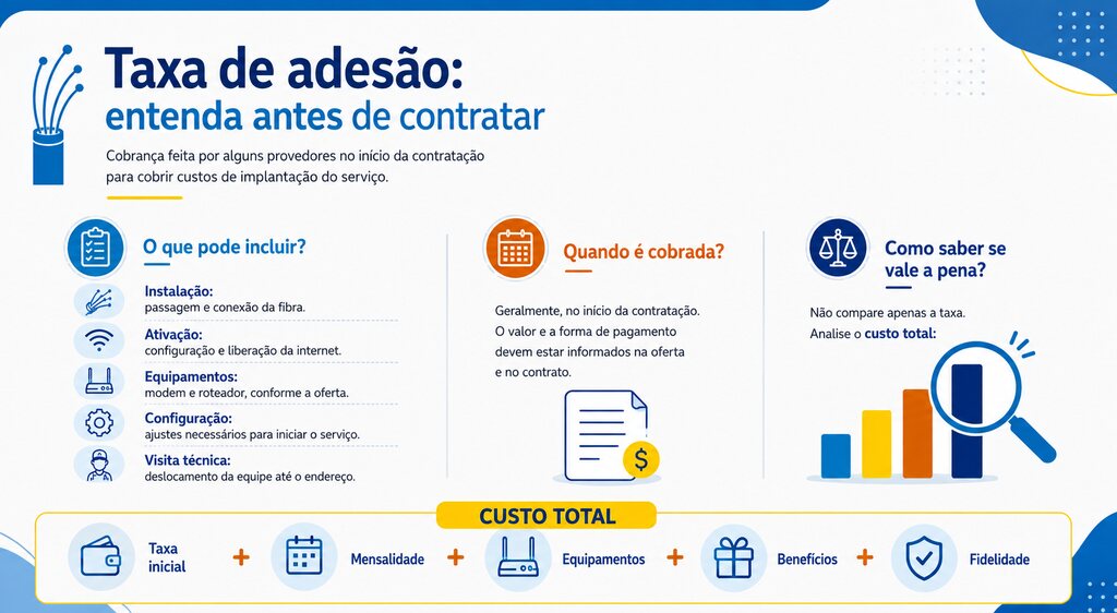 Infográfico explica taxa de adesão em contratos de internet, detalhando custos iniciais, instalação e benefícios ao consumidor.